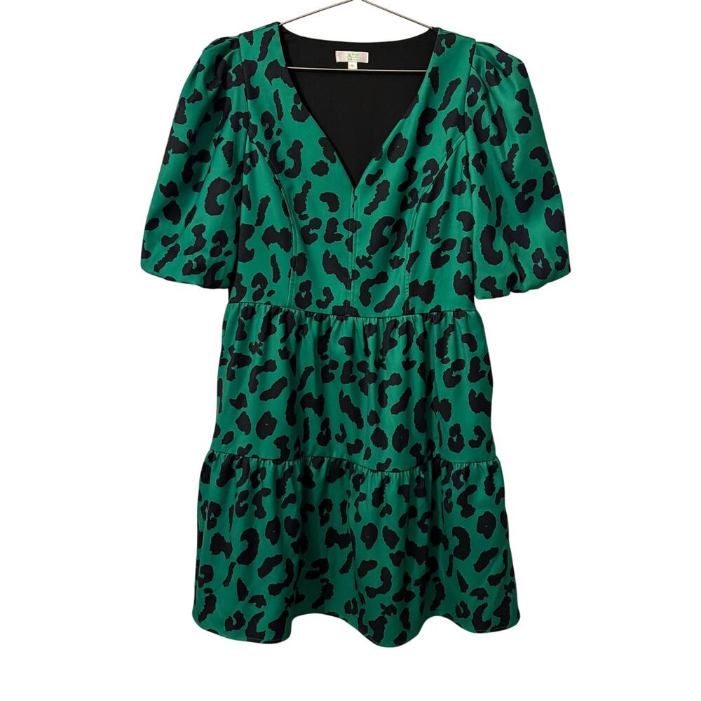 Jade Green and Black Animal Print V Neck Puff Sleeve Cocktail Dress M